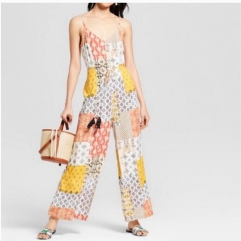 Women's Black Yellow Boho Skinny Strap Wide Leg Floral Jumpsuit
